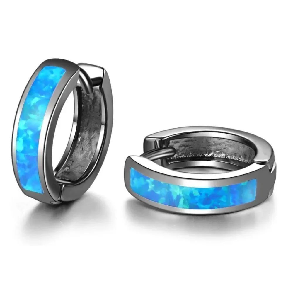14K Black Gold with Genuine Blue Fire Opal Huggie Hoop Snap Hinge Earrings
